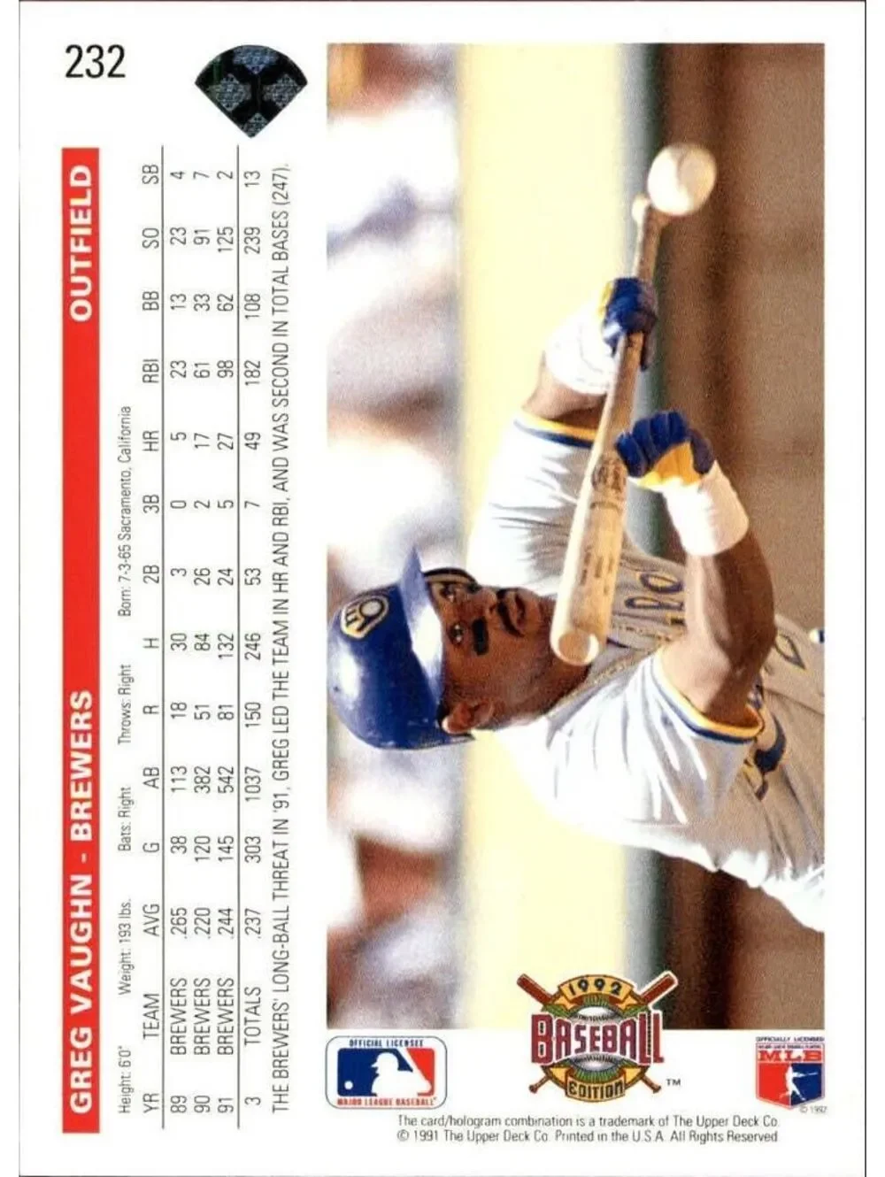 Greg Vaughn 1992 Upper Deck MLB #232 Baseball Card Milwaukee Brewers
